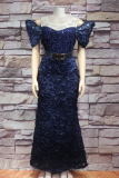 Pink Elegant Solid Color Hot Drill Embroidery Flower Shape Off Shoulder Long Plus Size Dresses