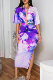 Red Sexy Casual Elegant Print Slit Ruched Deep V Neck Half Sleeve Two Pieces