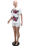 Black Casual Daily Butterfly Sequins Patchwork O Neck Short Sleeve Two Pieces
