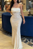 White Elegant Solid Color Sequins Strapless Long Dresses