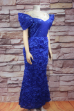 Pink Elegant Solid Color Hot Drill Embroidery Flower Shape Off Shoulder Long Plus Size Dresses