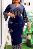 Colorful Blue Elegant Strap Design Hot Drill O Neck Long Plus Size Dresses
