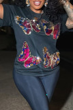 Black Casual Daily Butterfly Sequins Patchwork O Neck Short Sleeve Two Pieces