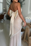 White Elegant Solid Color Sequins Strapless Long Dresses