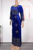 Colorful Blue Elegant Strap Design Hot Drill O Neck Long Plus Size Dresses
