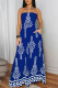 Blue Sexy Casual Print Backless Belted Strapless Regular Jumpsuits