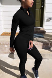 Black Fashion Casual Solid Basic Zipper Collar Long Sleeve Two Pieces
