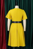 Yellow Elegant Solid Color With Belt Ruffled Trim V Neck Long Dresses