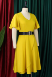 Yellow Elegant Solid Color With Belt Ruffled Trim V Neck Long Dresses