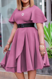 Yellow Elegant Solid Color With Belt Ruffled Trim V Neck Long Dresses