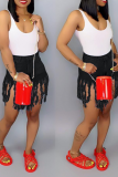 Cowboy Black Denim Button Fly Zipper Fly Mid Solid Patchwork Tassel Straight shorts 