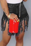 Cowboy Black Denim Button Fly Zipper Fly Mid Solid Patchwork Tassel Straight shorts 