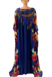 Royal Blue Elegant Print Hot Drill O Neck Long Dresses