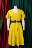 Yellow Elegant Solid Color With Belt Ruffled Trim V Neck Long Dresses
