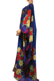 Royal Blue Elegant Print Hot Drill O Neck Long Dresses