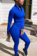 Deep Blue Fashion Casual Solid Basic Zipper Collar Long Sleeve Two Pieces