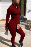 Deep Blue Fashion Casual Solid Basic Zipper Collar Long Sleeve Two Pieces