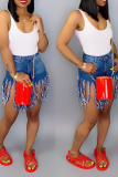 Cowboy Black Denim Button Fly Zipper Fly Mid Solid Patchwork Tassel Straight shorts 