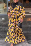 Yellow Casual Print Strap Design O Neck Long Dresses