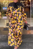 Yellow Casual Print Strap Design O Neck Long Dresses