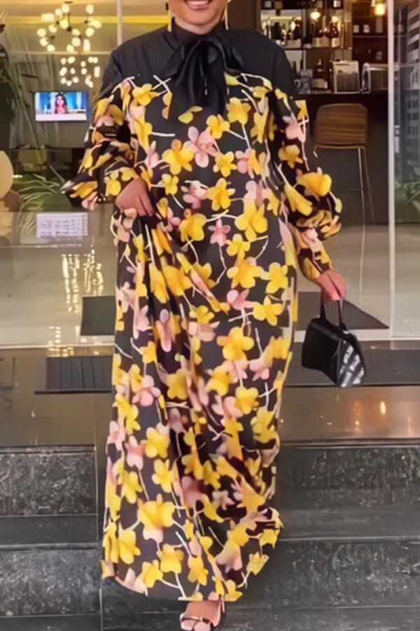 Yellow Casual Print Strap Design O Neck Long Dresses