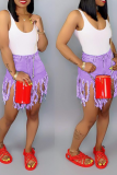Cowboy Black Denim Button Fly Zipper Fly Mid Solid Patchwork Tassel Straight shorts 