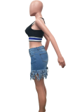 Cowboy Black Denim Button Fly Zipper Fly Mid Solid Patchwork Tassel Straight shorts 