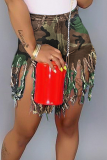 Cowboy Black Denim Button Fly Zipper Fly Mid Solid Patchwork Tassel Straight shorts 