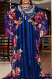 Royal Blue Elegant Print Hot Drill O Neck Long Dresses