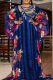 Royal Blue Elegant Print Hot Drill O Neck Long Dresses