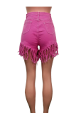 Cowboy Black Denim Button Fly Zipper Fly Mid Solid Patchwork Tassel Straight shorts 