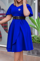 Royal Blue Elegant Solid Color With Belt Ruffled Trim V Neck Long Dresses