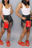 Cowboy Black Denim Button Fly Zipper Fly Mid Solid Patchwork Tassel Straight shorts 