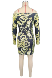 Black Yellow Sexy Print Patchwork Off Shoulder Wrapped Skirt Dresses