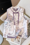 Purple Daily Jacquard Buttons O Neck Tops
