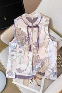 Purple Daily Jacquard Buttons O Neck Tops