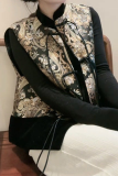 Black Gold Daily Floral Print Buckle Mandarin Collar Tops