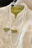 Apricot Daily Flowers Buckle Pearls Decor O Neck Tops