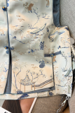 White Blue Daily Jacquard Buckle V Neck Tops