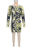 Black Yellow Sexy Print Patchwork Off Shoulder Wrapped Skirt Dresses