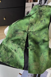 Green Daily Jacquard Buckle O Neck Tops