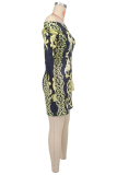 Black Yellow Sexy Print Patchwork Off Shoulder Wrapped Skirt Dresses