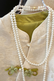 Apricot Daily Flowers Buckle Pearls Decor O Neck Tops