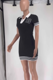 Black Casual Letters Patchwork Turndown Collar Wrapped Skirt Dresses