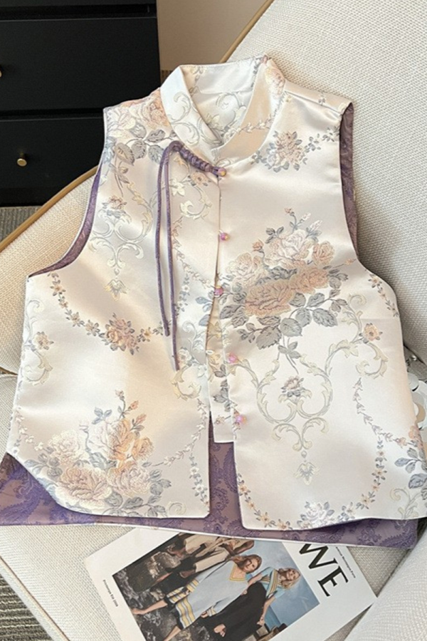 Purple Daily Jacquard Buckle Mandarin Collar Tops