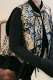 Black Gold Daily Floral Print Buckle Mandarin Collar Tops