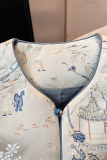 White Blue Daily Jacquard Buckle V Neck Tops
