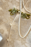 Apricot Daily Flowers Buckle Pearls Decor O Neck Tops