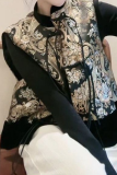Black Gold Daily Floral Print Buckle Mandarin Collar Tops