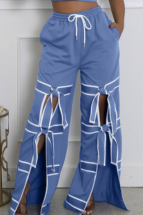 Royal Blue Casual Pocket Strap Design Contrast Loose Mid Waist Conventional Patchwork Bottoms